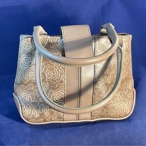 Liz Claiborne Feminine Rose Floral Embossed Taupe Leather Handbag Snap Closure